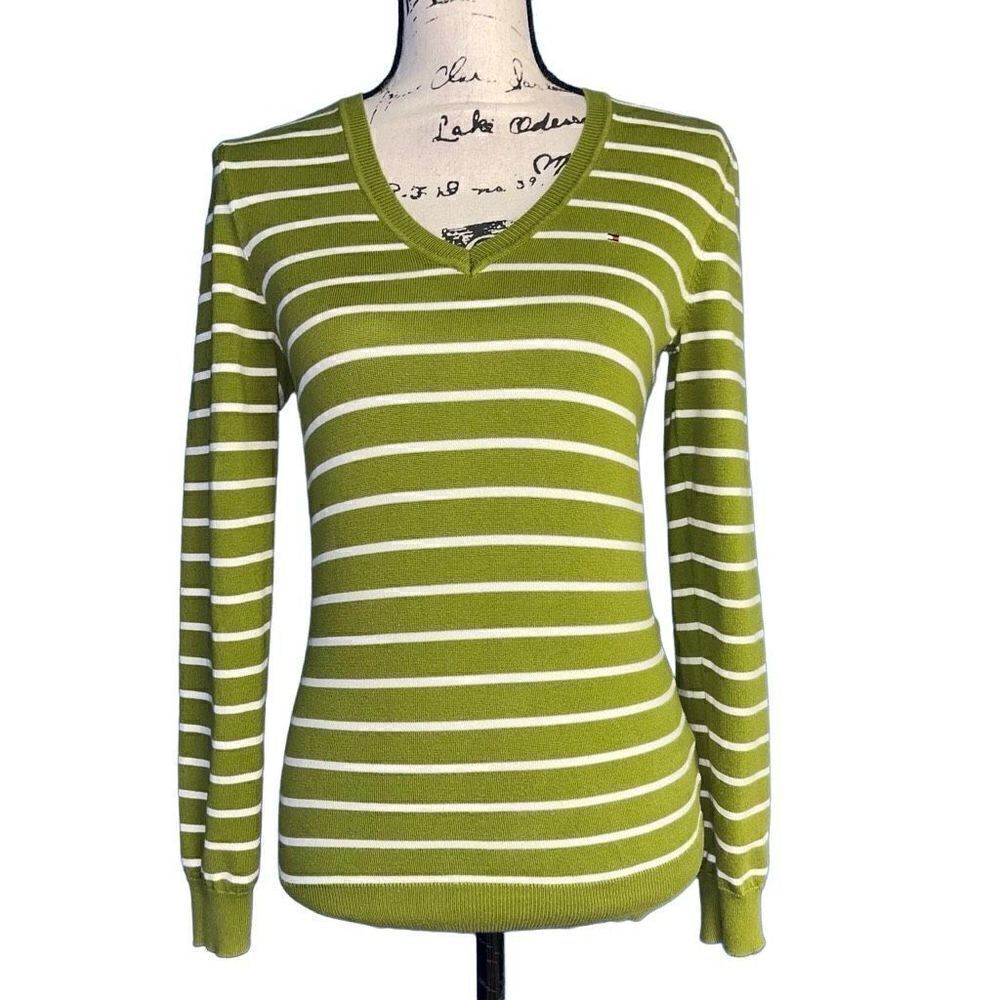 Tommy Hilfiger lime‎ & white striped v-neck sweater small